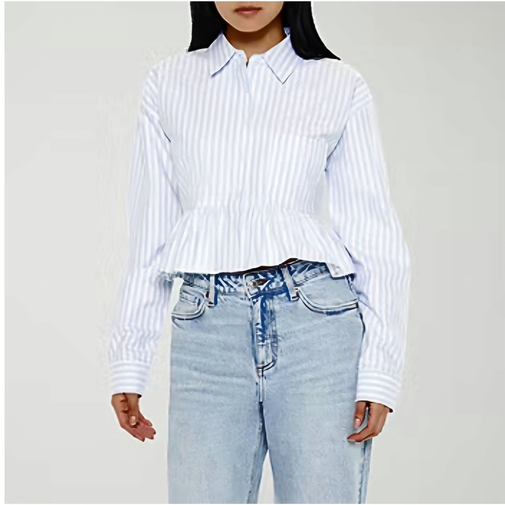 Light Blue & White Pinstripe Button Up Ruffle Hem Top Size M
